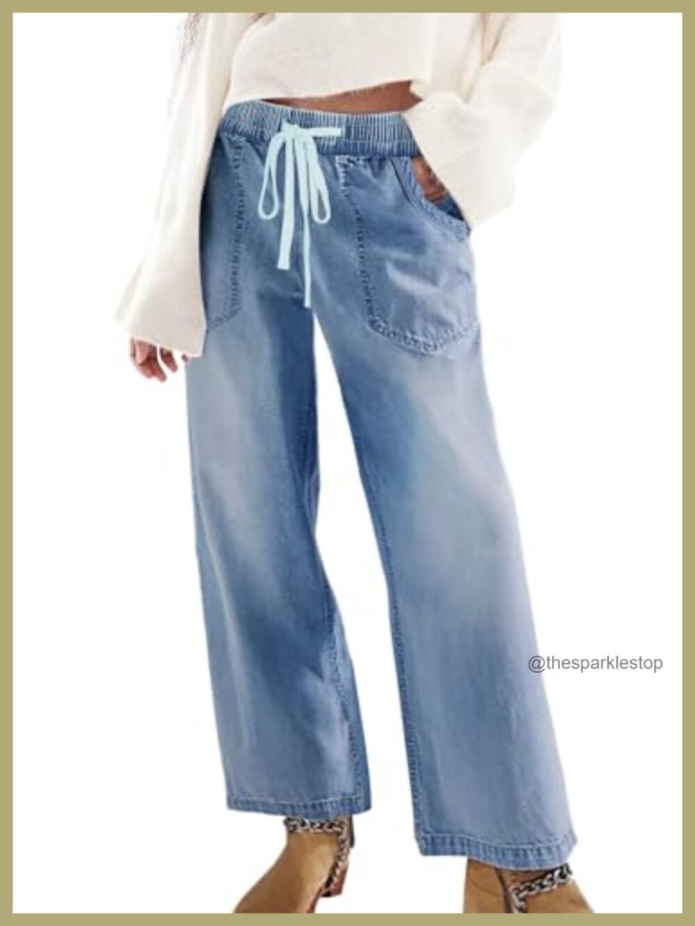 Stretch Denim Barrel Jeans Drawstring Pull On Distressed Straight Leg Pants